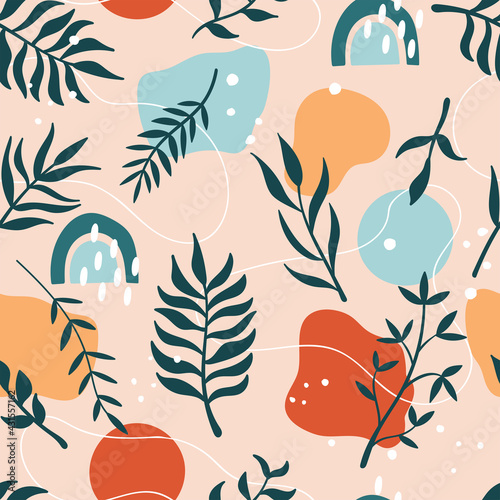 Boho summer seamless pattern background with palm leaves and abstract shapes. Summer template for wrapping paper, textile, wallpaper and cards design