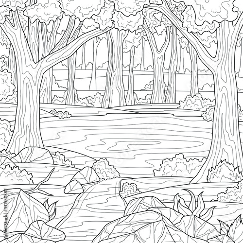 Forest and lake.Coloring book antistress for children and adults. Illustration isolated on white background.Zen-tangle style. Hand draw