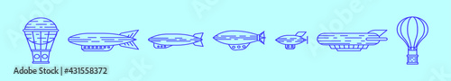 set of dirigible cartoon icon design template with various models. vector illustration isolated on blue background