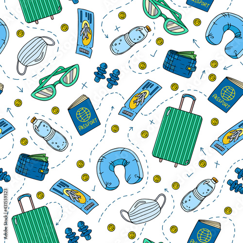 Safe trip seamless pattern with suitcase, medicine mask, bottle of water, wallet with money, sunglasses, ticket, passport, pillow. Vector illustration for wallpaper, travel design, wrapping paper.