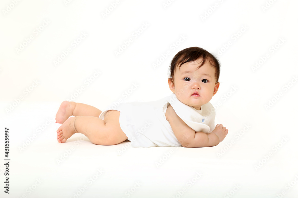 白背景でハイハイする女の子の赤ちゃんの横姿。元気,健康,成長,育児イメージ 白背景でハイハイする女の子の赤ちゃんの横姿。元気,健康,成長,育児イメージ