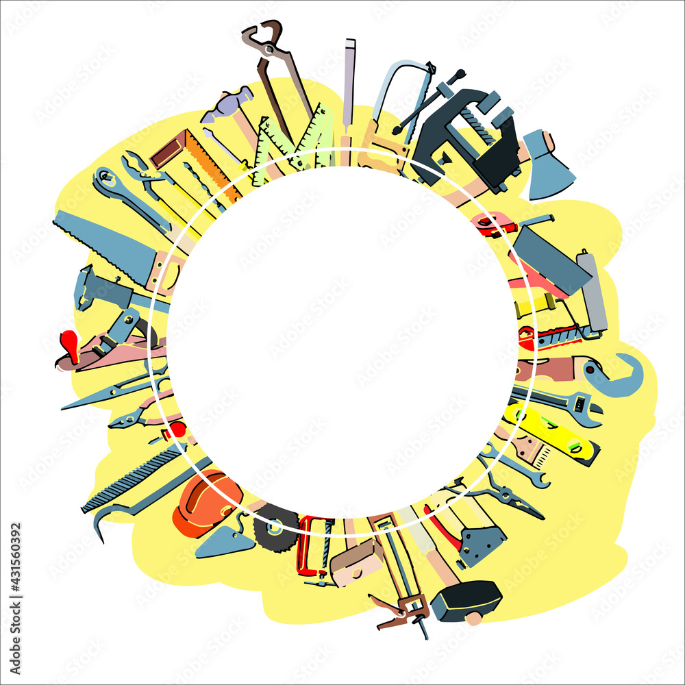 round frame with hand tools on yellow background