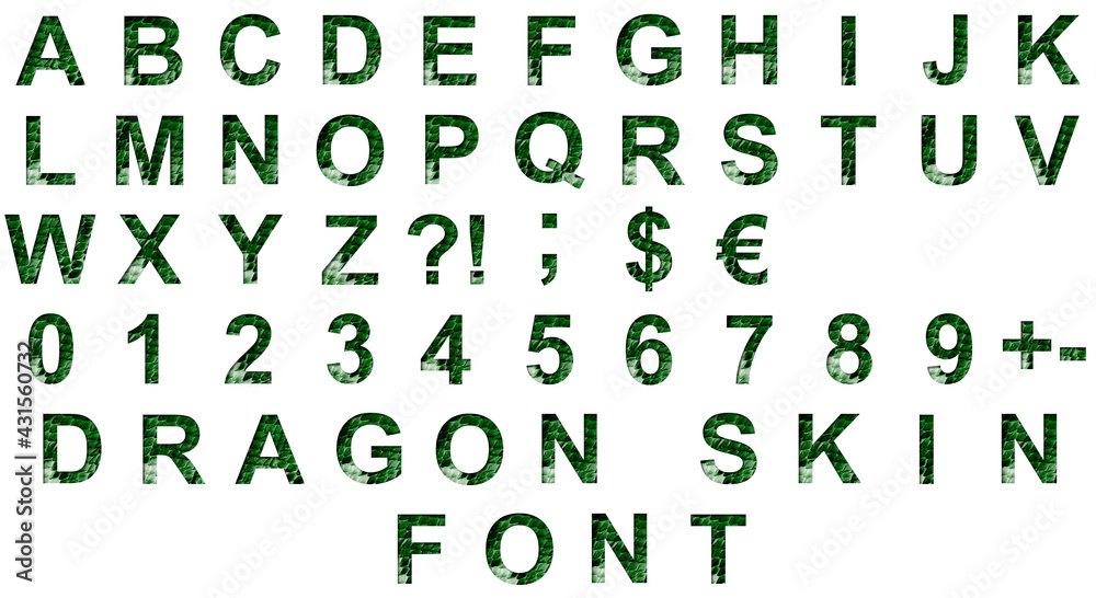 Set of dragon skin font. Alphabet letters ABCDEFGHIJKLMNOPQRSTUVWXYZ and  digits 1234567890 set cut out of paper on the background of the dark green  skin of a mystical dragon with scales. Stock Illustration