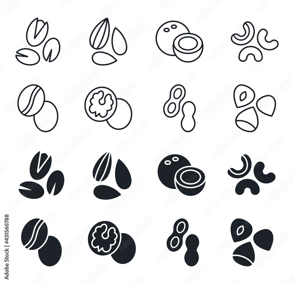 Nuts icon set. Vector linear icons, contour, outline. Silhouette isolated on white. Almond cashew coffee hazelnut peanut pistachios walnut coconut collection. Modern design. Healthy food and vitamins Nuts icon set. Vector linear icons, contour, outline. Silhouette isolated on white. Almond cashew coffee hazelnut peanut pistachios walnut coconut collection. Modern design. Healthy food and vitamins