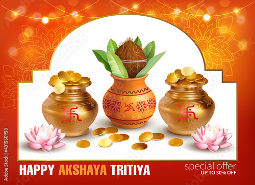 Promotion banner with Kalash, gold pots, coins and lotus flowers for Indian festival Akshya Tritiya. Vector illustration.