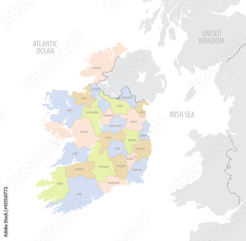 Detailed location map of Ireland in Europe with administrative divisions of the country  vector illustration