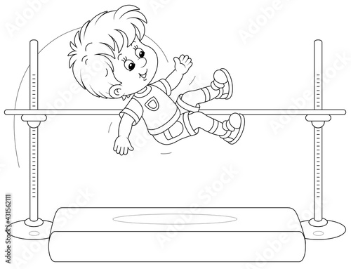 Cheerful little boy in high jump in midair over a bar at a competition on a sports ground, black and white outline vector cartoon illustration for a coloring book page