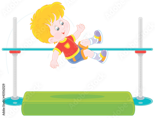 Cheerful little boy in high jump in midair over a bar at a competition on a sports ground, vector cartoon illustration isolated on a white background