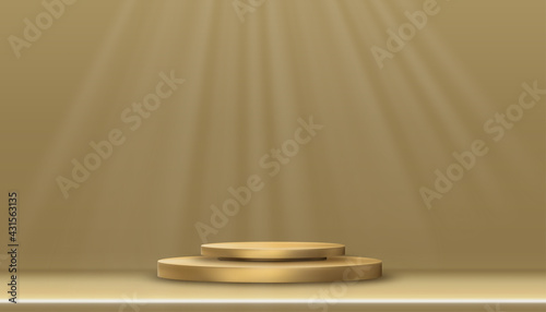 Minimal Podium Display with Yellow gold Cylinder Stand on golden floor and wall,Vector Realistic 3D for Stage pedestal platform,Product Presentation, Cosmetic product display or Spa Showcase