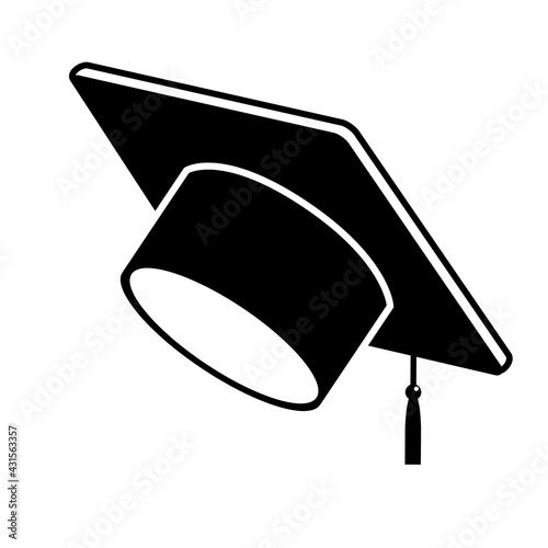 Black graduate cap glyph icon vector object on white background. Student hat element. Learning, education, graduation, success symbol. Master degree sign. Knowledge concept.