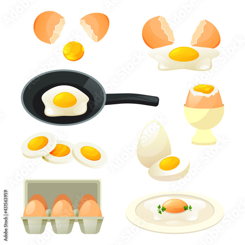 Poultry eggs set, cooked hen egg, vector farm food