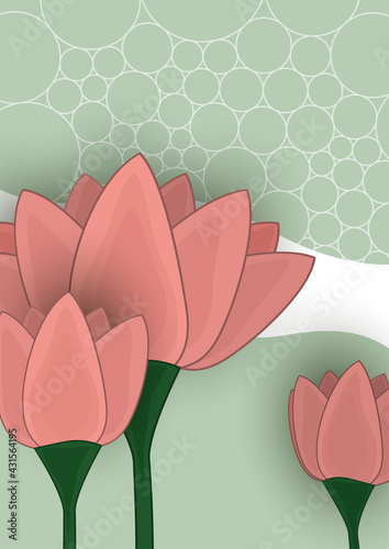 Illustration with stylized lily flowers. Floral pattern on a wave background. Sample of textiles in trendy colors.
