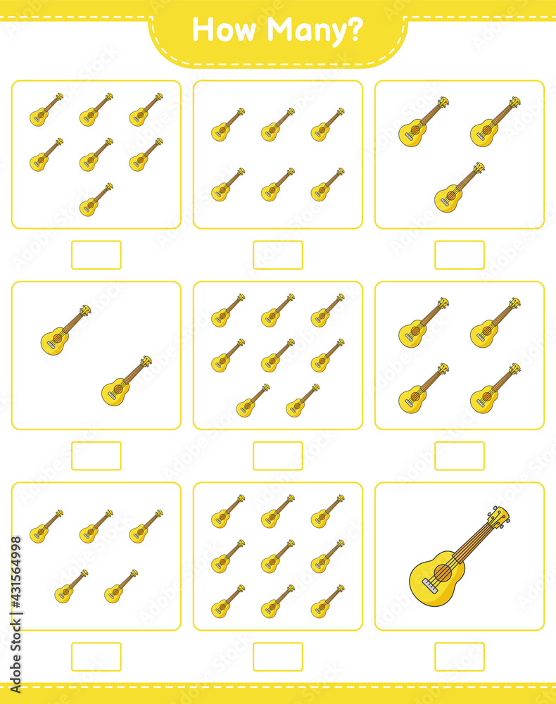 Counting game, how many Ukulele. Educational children game, printable worksheet, vector illustration Counting game, how many Ukulele. Educational children game, printable worksheet, vector illustration