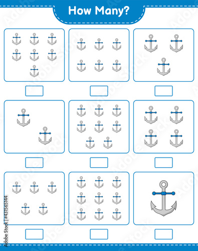 Counting game, how many Anchor. Educational children game, printable worksheet, vector illustration