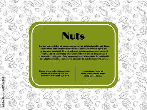 Set of cards banners, tags, package nuts - hazelnut, almond, pistachio, cashew, walnut, peanut, pine nuts. Modern vector illustration isolated on white background.