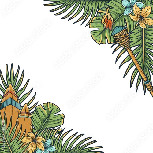 Design of trendy hawaii surf for tiki bar. Traditional ethnic surfing of hawaiian, maori or polynesian. Old tribal board