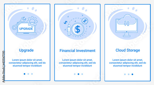 Modern flat illustrations in the form of a slider for web design. A set of UI and UX interfaces for the user interface.The theme is Upgrade,Financial Investment and Cloud Storage.