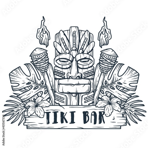 Design of trendy hawaii wooden tiki mask for surfing bar. Traditional ethnic idol and hawaiian surf, maori or polynesian. Old tribal totem