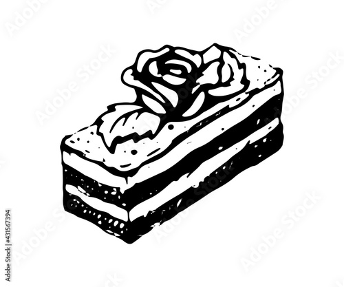 Piece of cake hand drawn doodle icon. Vector sketch illustration of sweet dessert pie with rose, isolated on white background
