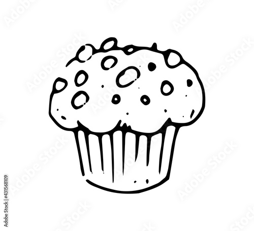 Cupcake hand drawn doodle icon. Vector sketch illustration of tasty muffin with berries, isolated on white background