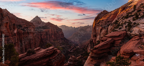 Panoramic Aerial View American landscape view of Mountains and Canyon. Dramatic Colorful Summer Sunset Artistic Render. Taken in Zion National Park, Utah, United States. Nature Background Panorama