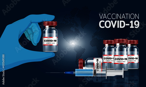 Covid-19 corona virus vaccination with vaccine bottle and syringe injection tool, Coronavirus vaccine banner background, Vector illustration
