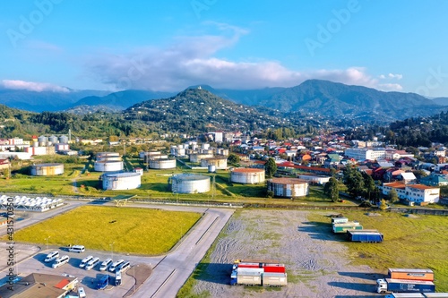 Batumi, Georgia - May 1, 2021: Aerial view of oil storage tanks