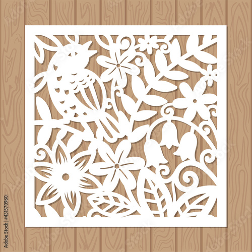 PrintLaser cutting template. From any materials. Flowers and bird. Vector