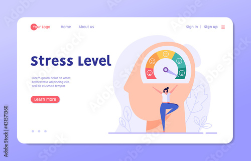 Woman standing near the stress scale. Concept of emotional overload, stress level, burnout, increased productivity, tiring, positive, frustration employee in job. Vector illustration in flat design
