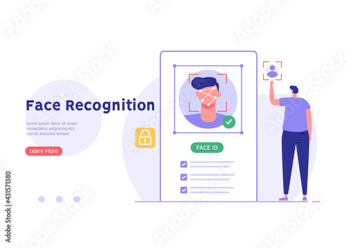 Man standing with a phone, identifies a face. Concept of facial recognition, face ID system, biometric identification. Vector Illustration in flat design for mobile app
