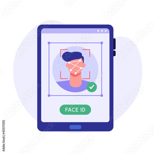 Smartphone screen, scanning app face on screen. Concept of facial recognition, face ID system, biometric identification. Vector Illustration in flat design for mobile app