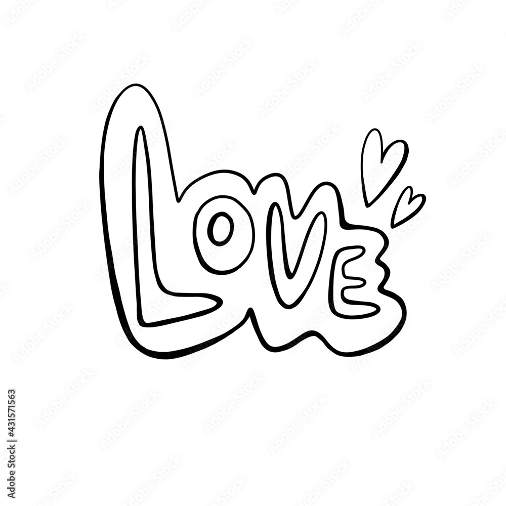Love lettering with two hearts. Linear image.