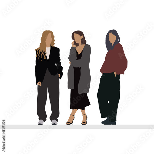 Crowd of people wearing stylish clothes. Fashionable men and women, outdoor activities.