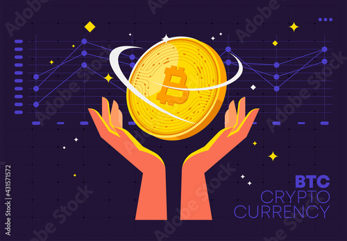 Vector illustration of two hands holding a gold coin bitcoin, cryptocurrency, btc crypto currency