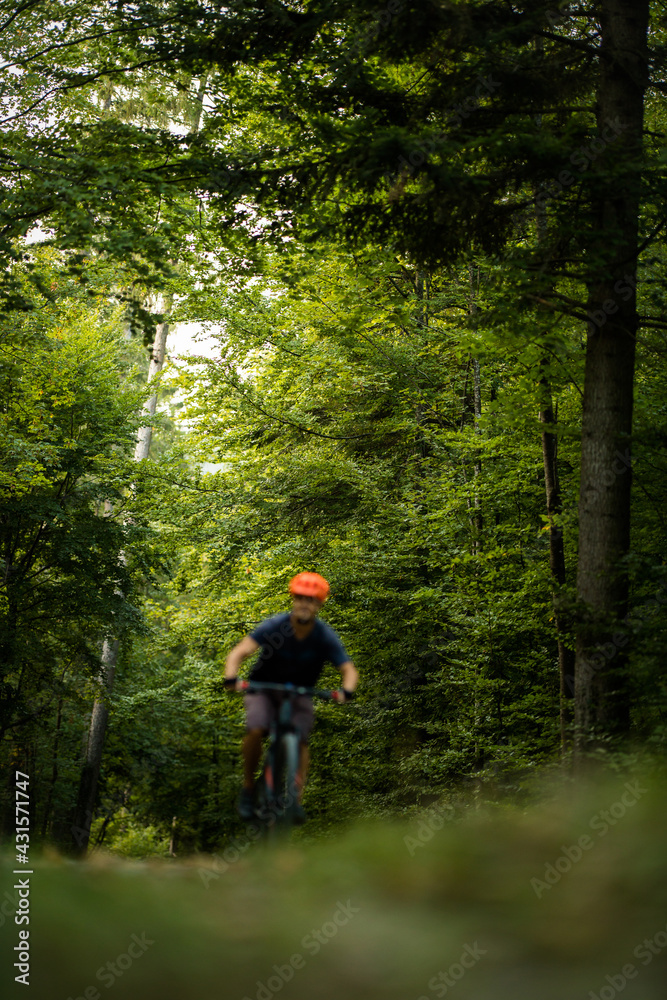 Young man with his mountain bike going for a ride past the city limits in a lovely forest, getting the daily cardio dose - biker out of focus with sharp trees behind him Young man with his mountain bike going for a ride past the city limits in a lovely forest, getting the daily cardio dose - biker out of focus with sharp trees behind him