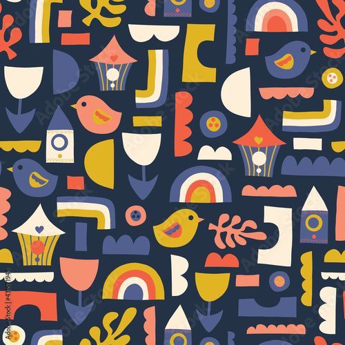 Childish seamless vector pattern with hand drawn Scandinavian style birds, birdhouse, rainbow, flower. 