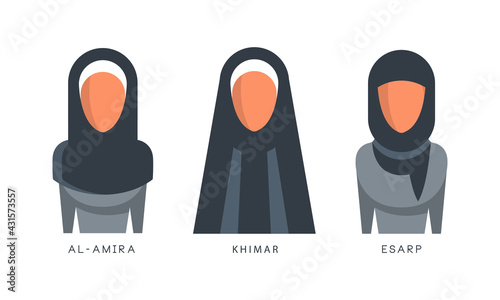 Muslim Female Headgears Set, Al-amira, Khimar, Esarp Headdress Flat Vector Illustration photo