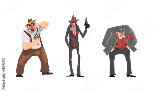 Male Gangsters in Retro Suits Set, Mafia Mob Characters Cartoon Vector Illustration