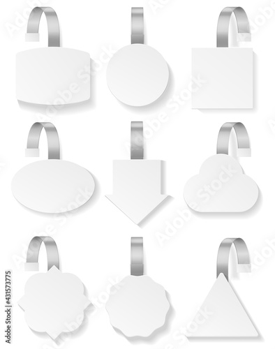 Wobblers white. 3d blank mockup collection, plastic price tag template, advertising sale and discount promotion stickers. Realistic hanging banners different forms vector isolated set