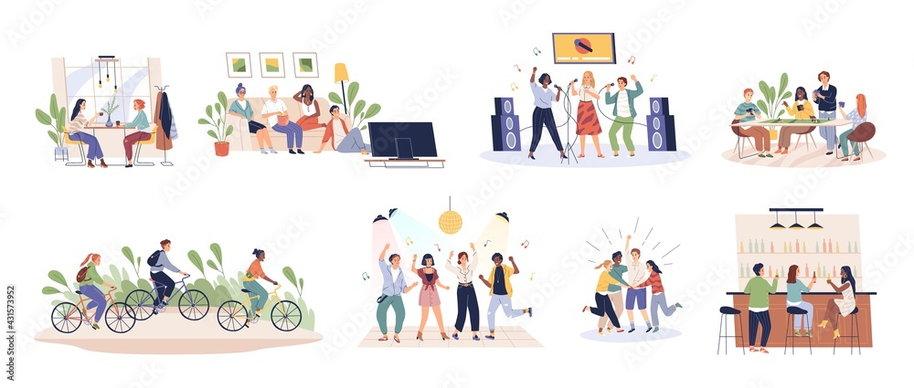 Friends time together. Happy people have fun, relax and enjoy, young buddies companies hang out in karaoke, cafe, disco and bar. Men and women group collection. Vector cartoon set