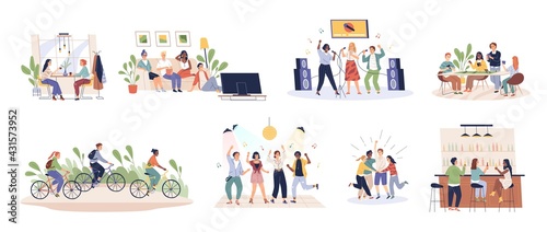 Friends time together. Happy people have fun  relax and enjoy  young buddies companies hang out in karaoke  cafe  disco and bar. Men and women group collection. Vector cartoon set