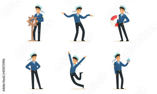 Sailor or Seaman in Striped Vest Working Aboard Watercraft Vector Set