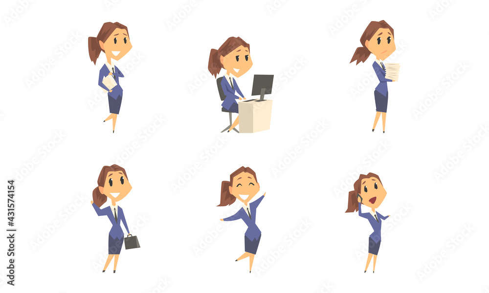 Businesswoman Character with Briefcase Having Busy Working Day Vector Set
