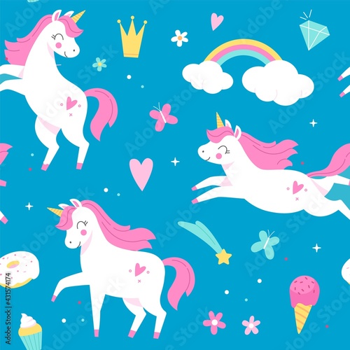 Seamless pattern unicorns. Magical horses, rainbow and ice cream on blue background, baby design with fabulous animals. Decor textile, wrapping paper wallpaper vector print or fabric