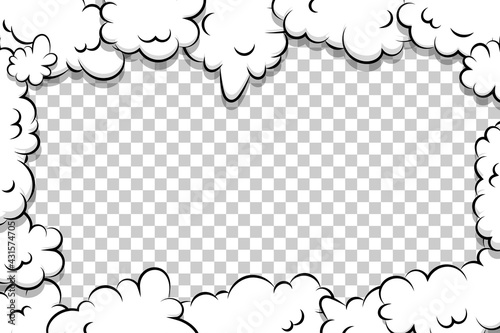 Comic book cartoon speech bubble for text. Cartoon puff cloud template on transparent background for text. Pop art dialog conversation funny smoke steam. Comics explosion symbol.