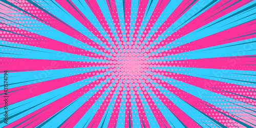 Pop art pink blue comics book cartoon magazine cover. Cartoon funny retro pattern strip mock up. Vector halftone illustration. Vintage backdrop for comic superhero text, speech bubble, message.