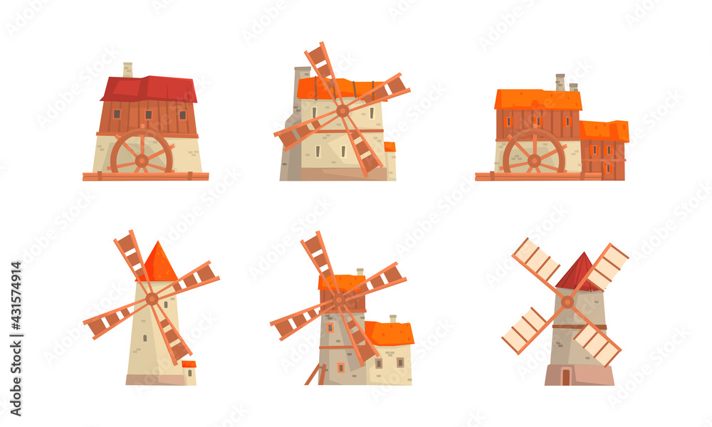 Traditional European Masonry Tower Windmills with Rotating Vanes Vector Set