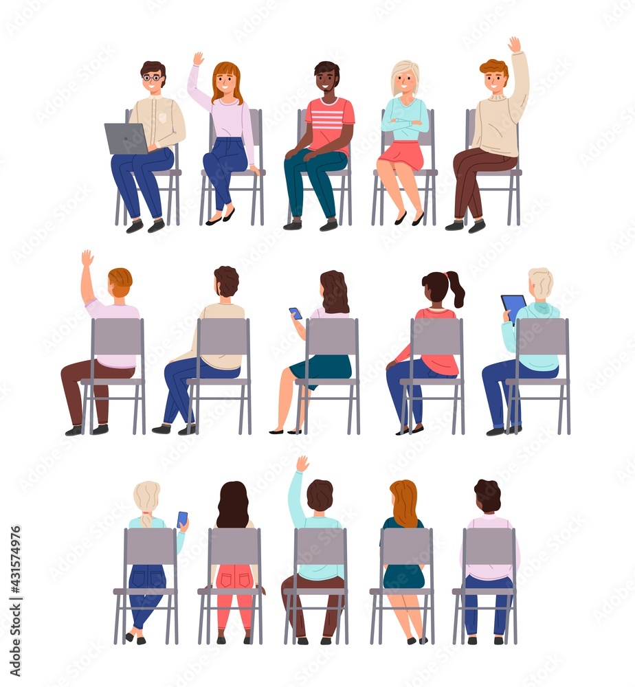 Sitting people. Young men and women sit chairs in row collection, different students back, front and half-side view, lecture participants. University and college vector cartoon isolated set