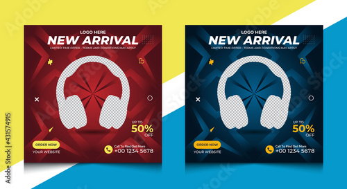 Creative and Modern elegant Headphone brand Instagram and Facebook Social Media Banner design, Stylish Blue and Red color square web banner design, Headphone social media cover template.