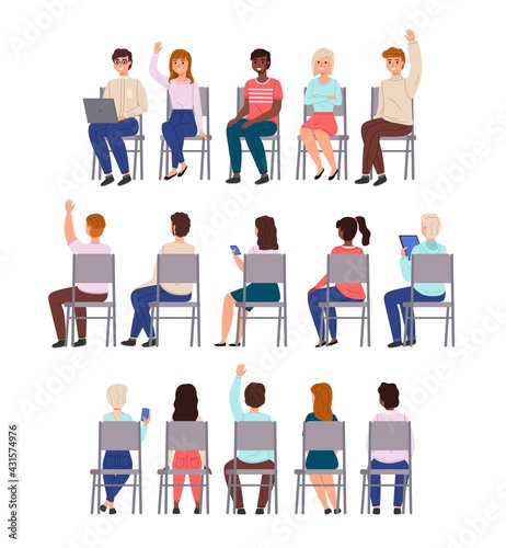 Sitting people. Young men and women sit chairs in row collection, different students back, front and half-side view, lecture participants. University and college vector cartoon isolated set